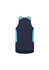 A navy blue singlet with light blue accents and a logo on the back. 