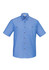A blue short sleeve chambray button-up shirt featuring two chest pockets and a logo on the collar.