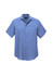 A plain short sleeve button-up shirt in a soft blue colour, featuring a logo on the chest.