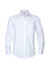 A white long sleeve button-up shirt with a single chest pocket and a logo.