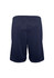 Navy sports shorts featuring an elastic waistband and a simple design, with a branding logo present.