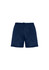 A pair of navy blue sports shorts with an adjustable drawstring waistband and a logo.