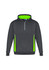 A hooded jumper in dark grey with bright lime green side panels and interior lining. It features a zippered collar and has a logo.