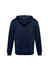 A navy blue hoodie with a hood and long sleeves, featuring a logo on the back.