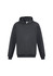 A black hoodie featuring a front pocket and a hood, designed for kids, with a logo on the front.