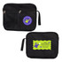 A black utility pouch featuring two pockets and logos in bright colors, one with a green and purple design.