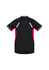 A black and red short sleeve tee with a logo, featuring a sporty design and contrasting panel details.