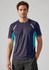 A short sleeve men's tee in navy blue with teal accents, featuring a logo on the chest.