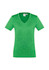 A green women's short sleeve tee featuring a V-neck design and a logo on the label.