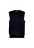 A navy blue men's vest with a V-neck design and no sleeves, featuring a logo on the neckline.