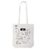 A cotton tote bag in off-white, featuring outlined sea creatures and children, with an attached branding label.