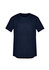 A navy blue men's T-shirt with a crew neck and short sleeves, featuring a logo.