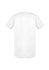 A plain white men's t-shirt featuring short sleeves and a crew neck. It has a branding logo on the back.