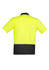 A unisex short sleeve polo shirt in high visibility yellow with a black lower section and branding on the back.