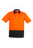 Unisex hi-vis short sleeve polo in bright orange with black bottom and a pocket, featuring a logo.