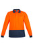 A long sleeve polo shirt in bright orange and navy, featuring a pocket and a logo. Ideal for workwear.