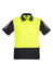 A short sleeve polo shirt in hi-vis yellow with black detailing and reflective stripes. It features a pocket and logo.