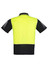 A short-sleeve polo shirt in high visibility yellow and black, featuring reflective stripes and a logo.