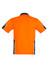 An orange short sleeve polo shirt with navy blue detailing and a logo, designed for workwear.