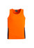 An orange men's singlet with navy side panels, featuring a logo on the neckline. Suitable for workwear.