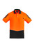 Men's short sleeve polo shirt in bright orange and black, featuring a pocket and logo on the chest.