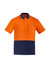 Men's high visibility short sleeve polo in orange and navy, featuring a pocket and a logo on the chest.