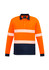 A long sleeve polo shirt featuring segmented reflective tape, in bright orange with a navy blue bottom. It has a logo.