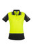 A women's short sleeve polo in hi-vis yellow and black, featuring a logo and reflective stripes on the sleeves.