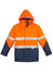 A high visibility storm jacket in orange and navy, featuring reflective stripes and a hood. Includes a logo.