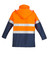 A lightweight hi-vis waterproof jacket featuring orange and navy colours with reflective stripes and a hood.