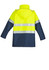 A lightweight waterproof jacket featuring high visibility fluorescent yellow and navy blue colours, with reflective stripes and a hood.