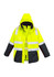 A waterproof jacket in bright yellow with grey accents and reflective stripes, featuring a hood and multiple pockets.