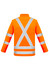 A bright orange softshell jacket with reflective stripes in an X-back pattern. It has a logo on the front.