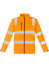 A bright orange softshell jacket featuring reflective strips, with a zippered front and a logo on the chest.