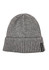 A grey beanie with a ribbed texture and a branding label on the side. Suitable for unisex wear.
