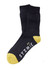 A pair of black work socks with a yellow toe and ribbed cuff, featuring a logo.