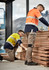 Two men in high-visibility work shirts and stretch pants, one crouching beside stacked timber, the other inspecting the wood.