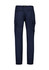 Navy blue cuffed work pants featuring multiple side pockets and a logo. Suitable for workwear and outdoor activities.