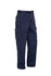 Navy blue cargo pants with multiple pockets and a belt loop, featuring a logo on the waistband.