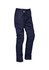 Navy rugged cargo pants with multiple pockets, featuring a logo on the waistband. Ideal for outdoor activities.