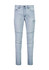 A pair of light blue stretch jeans with a slim fit and cargo pocket detail, featuring a waistband and stitching.
