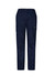 A pair of navy women's stretch cargo pants featuring a side pocket and a logo.