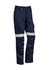 Navy work pants featuring a reflective stripe and multiple pockets, designed for rugged use. Includes branding.