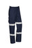 Men's navy work pants featuring reflective stripes and cargo pocket, designed for durability and visibility.