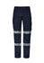 Navy blue work pants featuring reflective striping and cargo pockets, designed for rugged use. Includes branding.