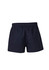 Navy men's rugby shorts with an elastic waistband and a single back pocket, featuring a logo.