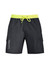 Men's board shorts in black with a subtle pattern, featuring a bright yellow drawstring and side pockets.