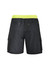 Men's black board shorts with a bright yellow waistband and cargo pockets. Features a branded logo.