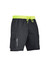 A pair of black board shorts with a drawstring waistband and neon green accents. Features a logo and cargo pockets.
