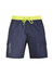 Mens Streetworx board shorts in navy with a bright yellow drawstring, featuring side pockets and a logo.